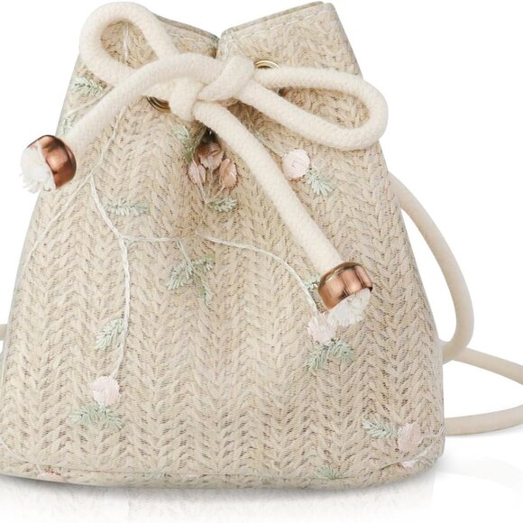 Beige straw crossbody bag with embroidery and drawstring, compact summer purse - Picture 1 of 6